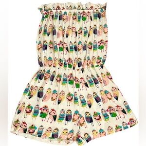 DODO Fun Owl Print Strapless Romper Cream Multicolor Cute Elastic Waist M/L NWOT